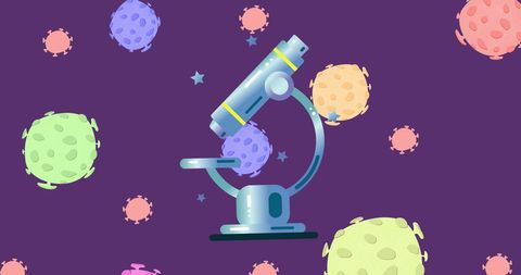 Microscope observing colorful virus cells on purple background
