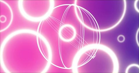 Neon Wireframe Orb Emitting Glowing Rings Over Magenta-Purple Gradient Abstract Background