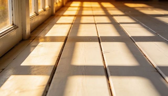 Warm Golden Sunlight Casting Geometric Shadows on Painted Wood Floor Near Paned Window