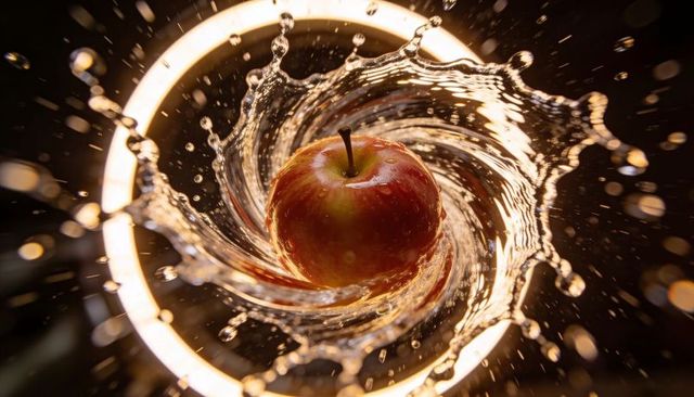 Floating red-yellow apple in dynamic water vortex with ring light halo and splash