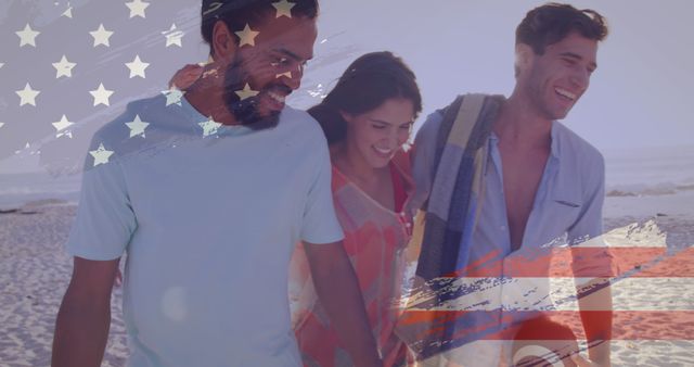 Friends Walking on Beach with Overlaid American and British Flags - Download Free Stock Images Pikwizard.com