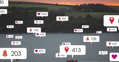 Digital Social Media Notification Landscape Over Tranquil Lake Sunset