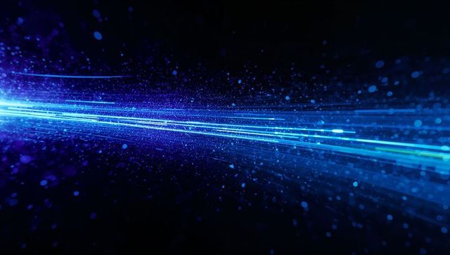 Streaming neon blue and cyan data beams through futuristic cyber tunnel with glowing particles