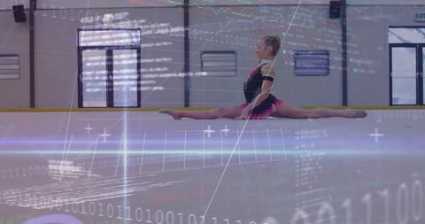 Gymnast Performing Split on Floor with Digital Overlay
