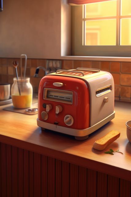 Retro red toaster on wooden surface in kitchen, created using generative ai technology. Toaster, food preparation and kitchen appliances concept digitally generated image.