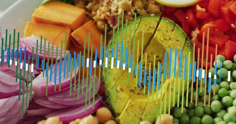 Colorful plant-based bowl featuring halved avocado, sweet potato, onion and waveform overlay