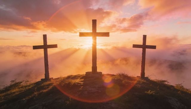Three wooden crosses glowing on misty hilltop at sunrise with sunburst and lens flare