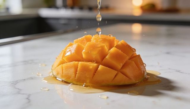 Dripping golden syrup coating cubed halved mango on white marble surface honey glaze