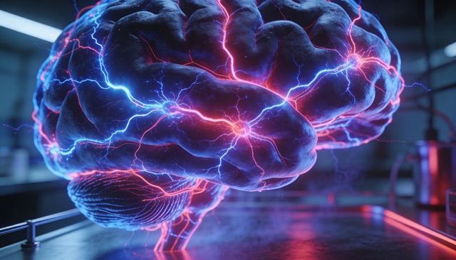 Futuristic neon brain glowing with electric neural circuits hovering over lab table