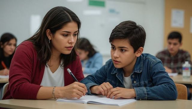 Teacher tutoring middle school student one-on-one helping with homework in classroom
