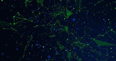 Neon Green Network of Connected Nodes and Triangular Facets Floating in Deep Blue Cyberspace