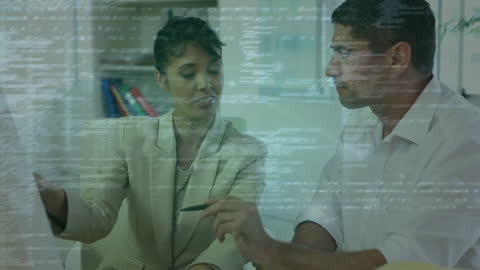 Business Professionals Analyzing Data with Code Overlay