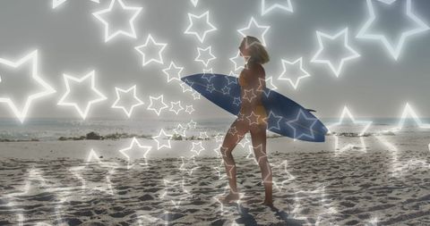 Woman with Surfboard on Beach Amid Neon Stars Effect