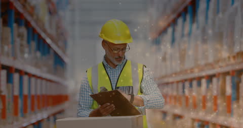 Warehouse Worker Inspecting Inventory Amidst Digital Overlay