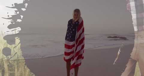 Free Spirit Caucasian Woman Adorned in USA Flag Dancing at Beach