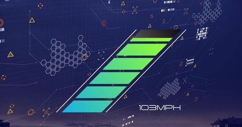 futuristic representation of a digital speedometer overlaying a cityscape with various graphical elements symbolizing technology, transportation, and energy concepts. suitable for presentations on technological advancements, automotive performance, and global efficiency themes.