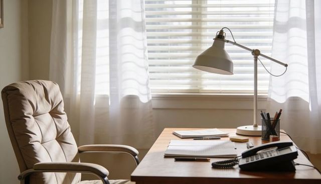 Sunlight bathing home office desk with tufted chair, desk lamp and open notebook