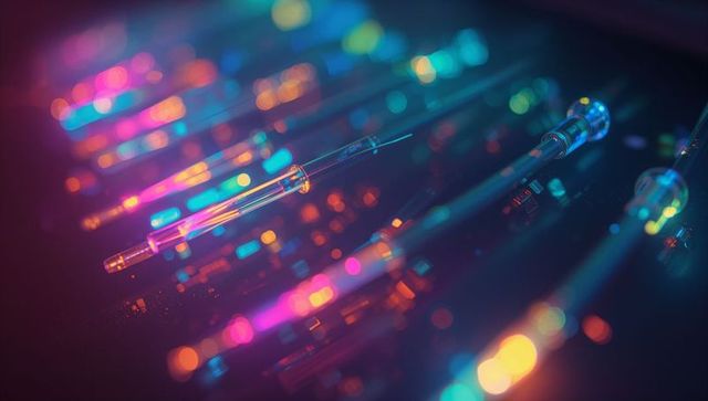 Glowing fiber optic cables on circuit board for futuristic technology