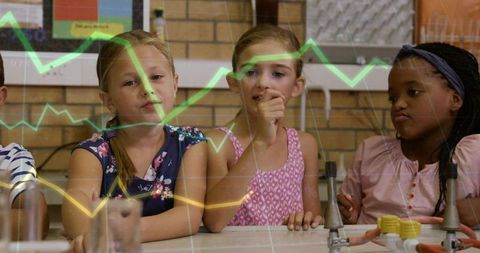 Elementary students conducting science experiment while analyzing projected data graph