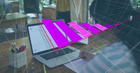 Girl using laptop with magenta 3d bar graph augmented reality for digital learning and study