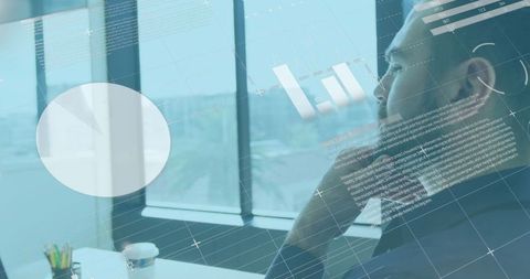 Businessman Analyzing Financial Graphs on Laptop with Futuristic Overlay