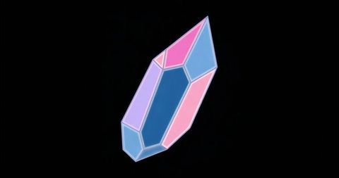 Glowing neon crystal prism floating in black void with pink blue purple geometric facets