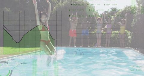 Digital Interface Data Over Diverse Friends Enjoying Pool