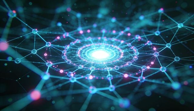 Holographic neural network core radiating concentric rings with glowing nodes and filaments