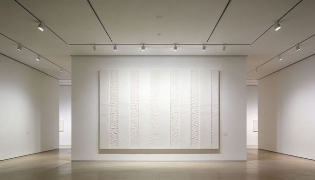 Minimalist Museum Gallery Displaying Monochrome Textured Relief Panels with Track Lighting