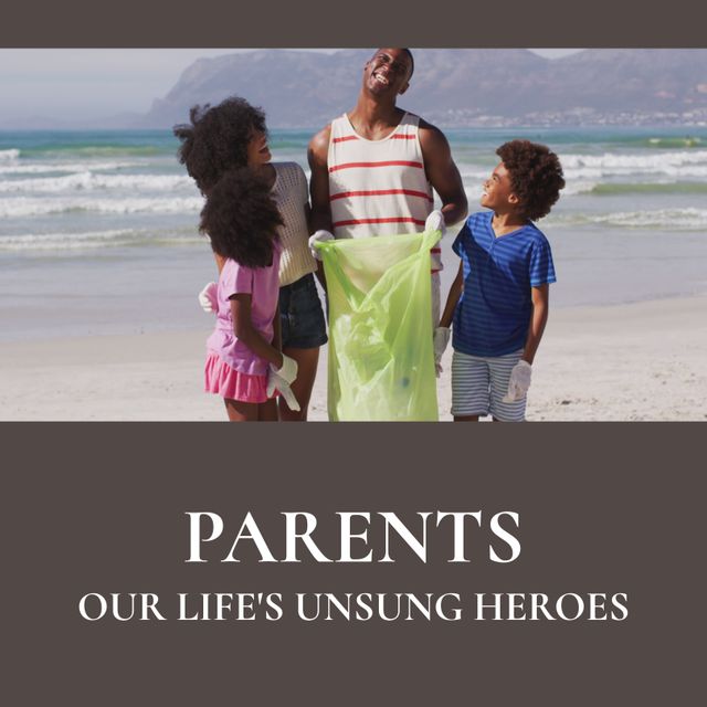African American family bonding while cleaning beach together. Perfect for environmental campaigns, sustainability projects, family-oriented advertisements, community service promotions, or articles on parenting and family activities.