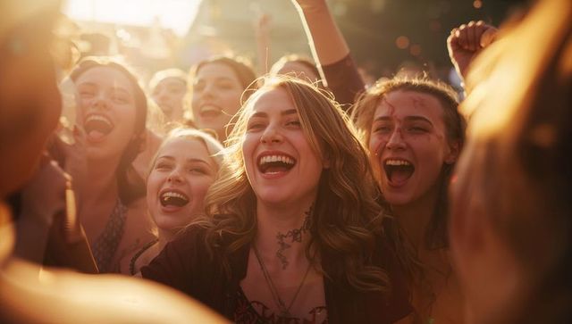 Young women cheering and singing at outdoor music festival during golden hour celebration