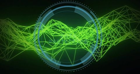 Neon green wireframe mesh flowing through circular hud scanning for data protection