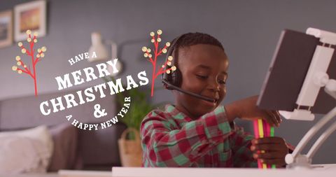 Festive Christmas Greeting with Cheerful African American Boy
