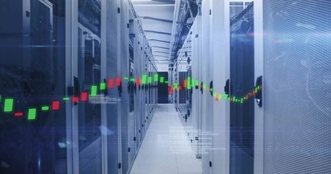 Data center corridor with networking chart overlay