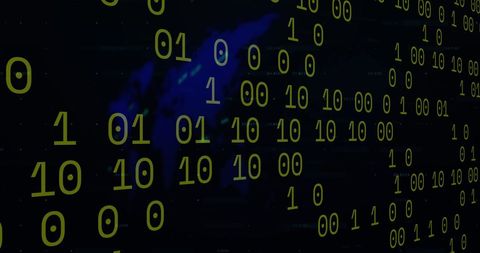Binary code overlay on a world map symbolizes global data processing and the digital interface era. Ideal for illustrating technology, data innovation, computer science education, or articles about digital transformations in global contexts.