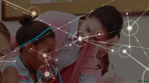 Diverse Classroom with Teacher Guiding Students and Technology Concepts