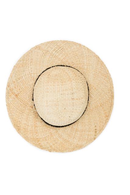 Overhead view of straw hat on white background