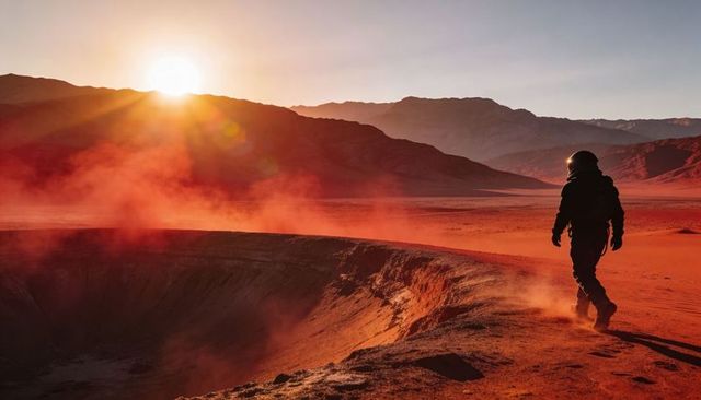 Astronaut walking crater rim on red desert under golden sunset with dust haze lens flare