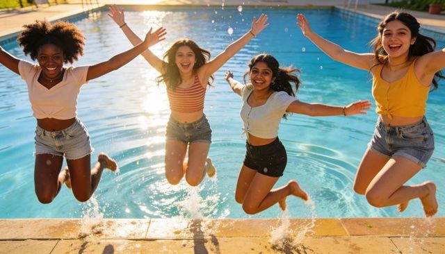 Four friends jumping into pool at sunset splashing water, summer fun and youth energy