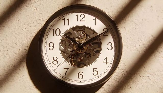Sunlit skeleton wall clock revealing brass and steel gears with diagonal shadows