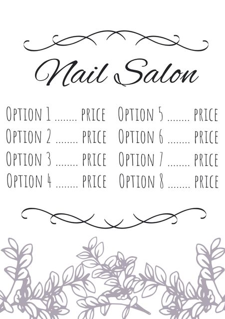 Elegantly designed customizable nail salon price list featuring sophisticated floral elements. Ideal for beautifying any salon's menu and providing clients with clear service options and pricing details. Great for print or digital use.