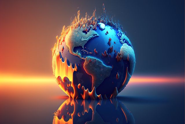 Blue and red burning globe on orange and blue background created using generative ai technology. Global warming and ecology concept, digitally generated image.