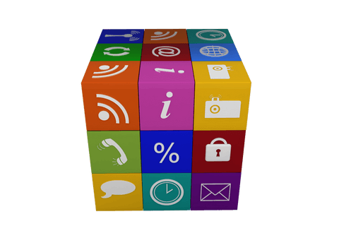 Colorful cube of technology and communication icons on transparent