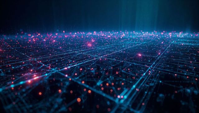 Futuristic Digital Grid with Neon Nodes and Network
