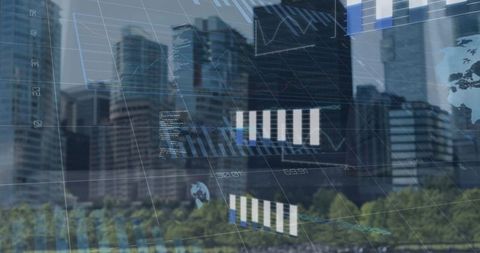 Futuristic financial analytics with urban skyline overlay