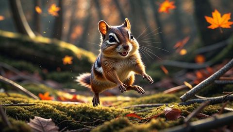Energetic Chipmunk Leaping Through Vibrant Autumn Forest