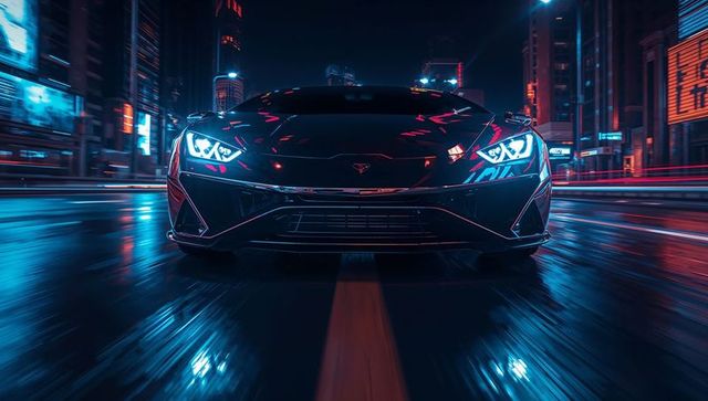 Neon night supercar racing through wet city streets with led headlights and motion blur