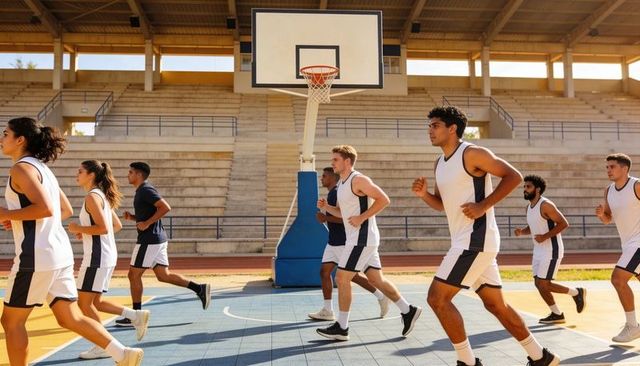Basketball players running conditioning drills on outdoor covered court during team practice
