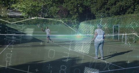 Friends Playing Tennis on Private Court with Technical Overlay