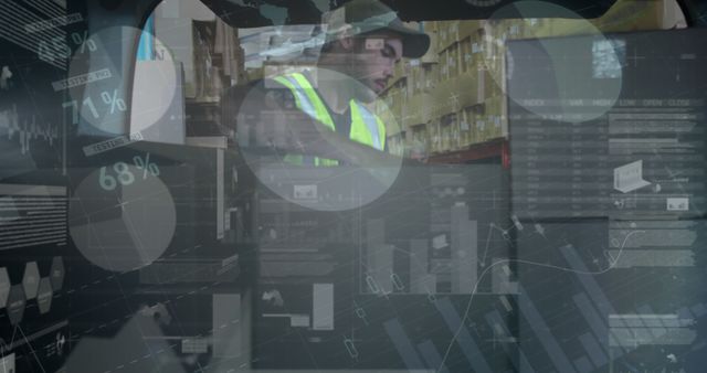 Warehouse worker in high visibility vest analyzing data on a transparent digital interface overlay. Setting suggests technology integration in logistics, supply chain management, and digital inventory systems. Useful for articles or presentations on modern warehousing, industry 4.0, digital transformation, and efficient inventory management.